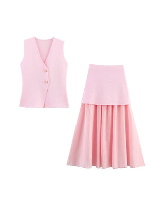 V-neck With Gold Buttons Vest Pleated Skirt 2-piece Sets
