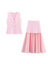 V-neck With Gold Buttons Vest Pleated Skirt 2-piece Sets