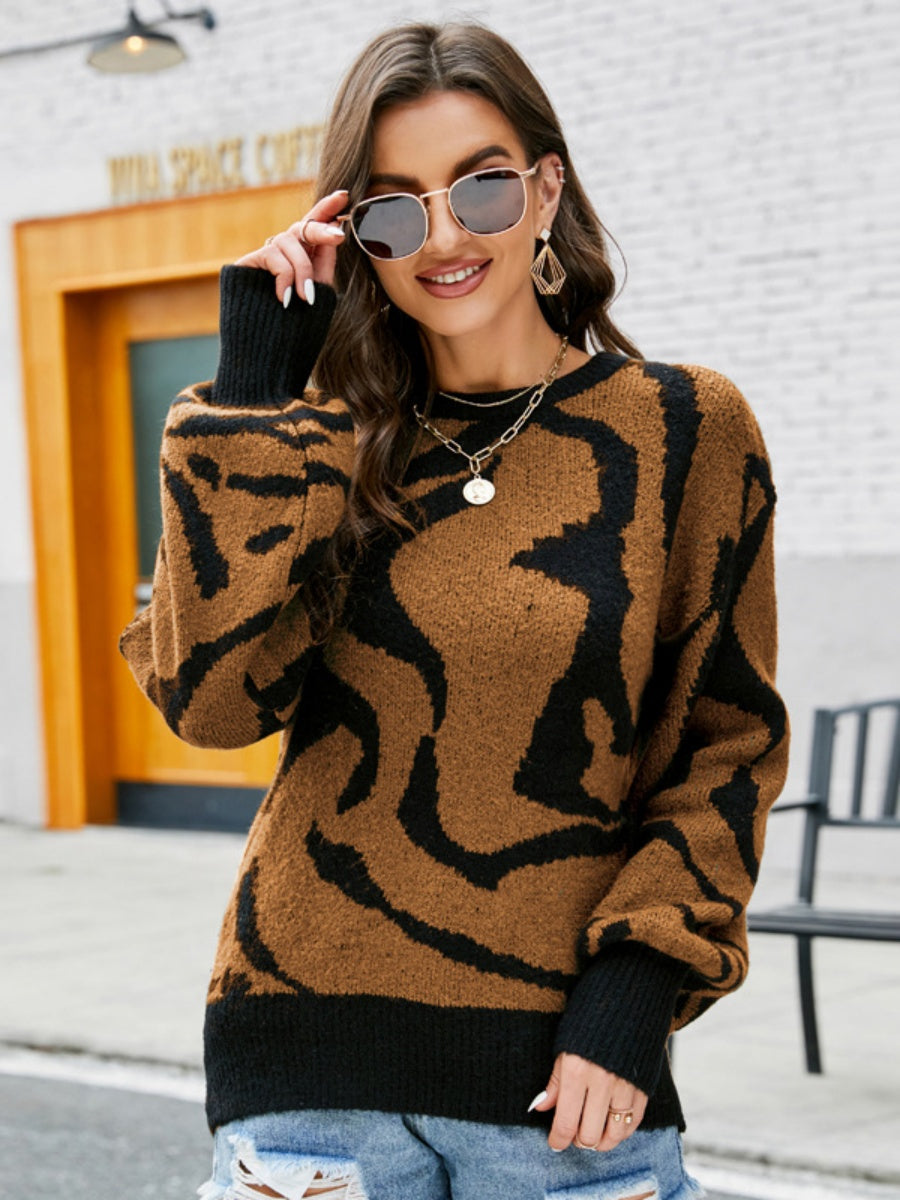 Liber Autumn Women's Contrasting colors Zebra print Sweaters Long sleeve Crew Neck Short top