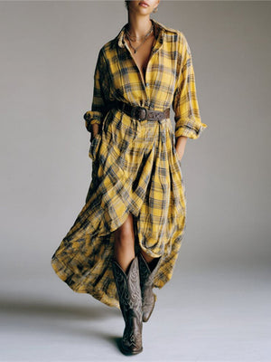Loose Shirt Dress Shirt Collar Belt Buttons Front Western Bohemian Maxi Dress