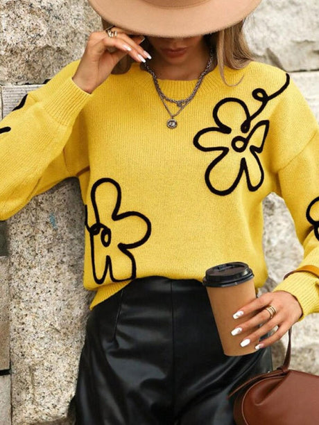 3D Effect Flower pattern Crew Neck Sweaters