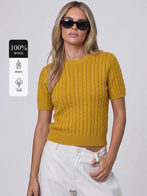 100% Wool Short-Sleeve Cable-Knit Sweater
