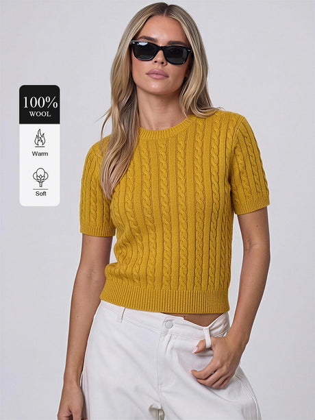 100% Wool Short-Sleeve Cable-Knit Sweater