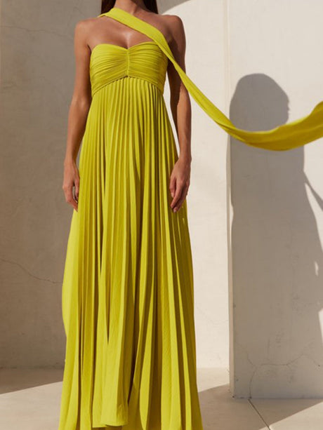 Liber Summer Women's Pleated Solid Color Tube top Maxi Dresses