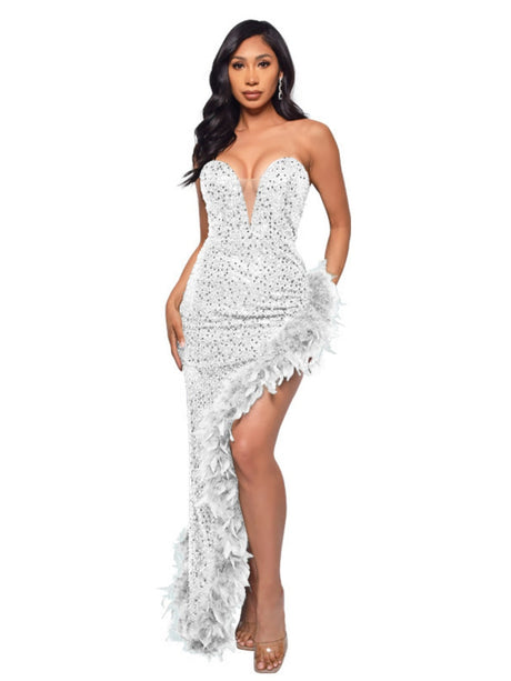 Deep V-neck Sheer Mesh Strapless Backless Sequined Feather Mini Dress
