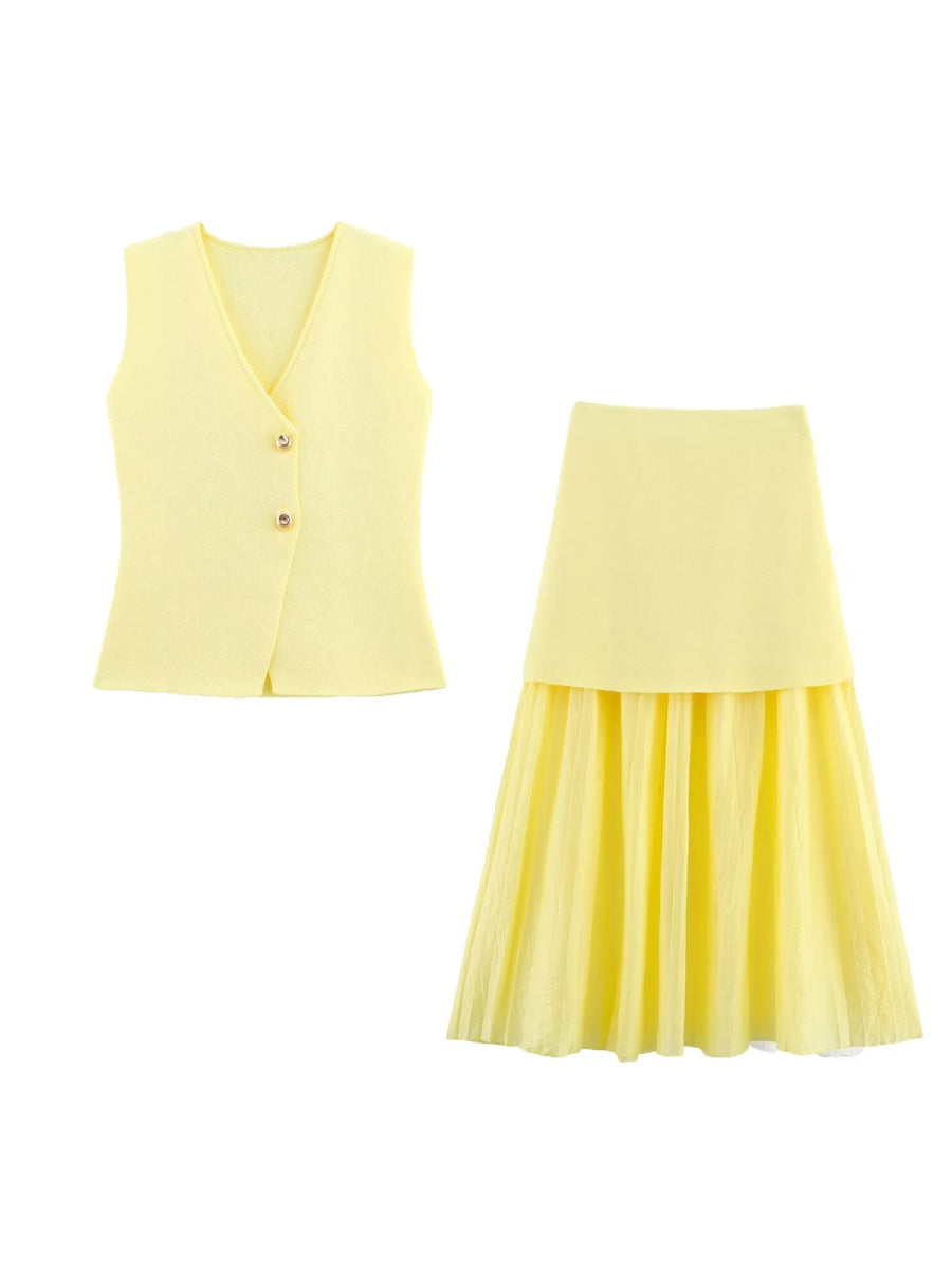 V-neck With Gold Buttons Vest Pleated Skirt 2-piece Sets