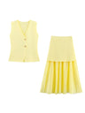 V-neck With Gold Buttons Vest Pleated Skirt 2-piece Sets