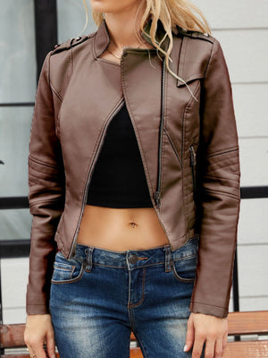 Studs Short Stand Collar Zipper Leather Jacket