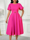 Puff Sleeve High Waist Crew Neck Large Skirt Commuting Leisure Midi Dresses
