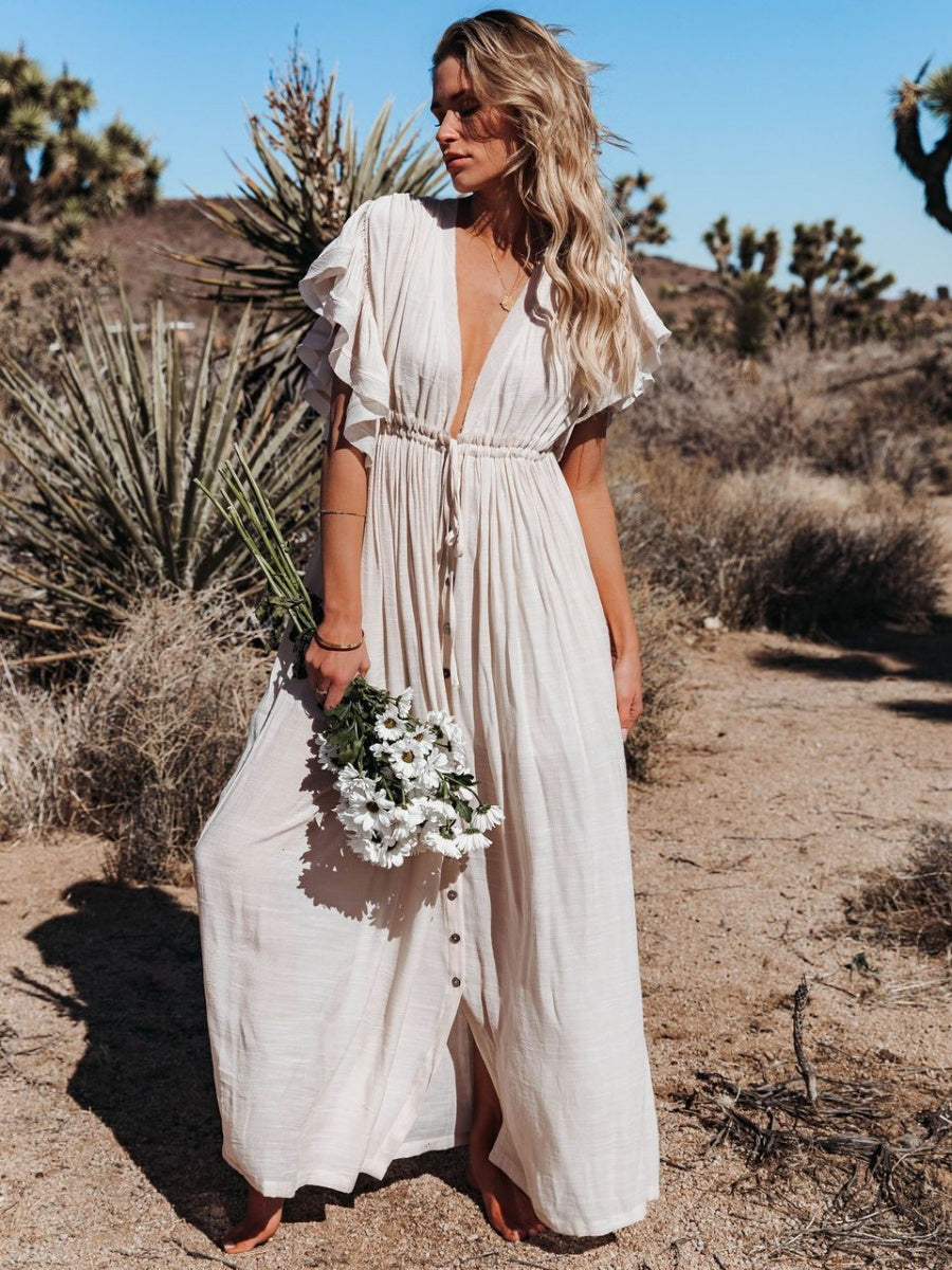 Bamboo-joint Fabric Button Waist Rope Long Cardigan Vacation Beach Jacket Sun Protection Long Skirt Bikini Cover-up
