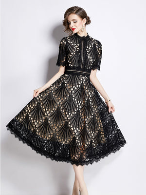 Crocheted Embroidered Lace Midi Dress