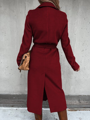 Solid Color Lapel Long Sleeve Woolen Simple Tie Coats