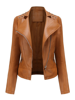 Cropped Zipper Pu Beading Jackets