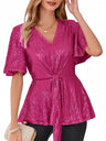 V-neck Pullover Sequins Tie-strap Mesh/see-through Top