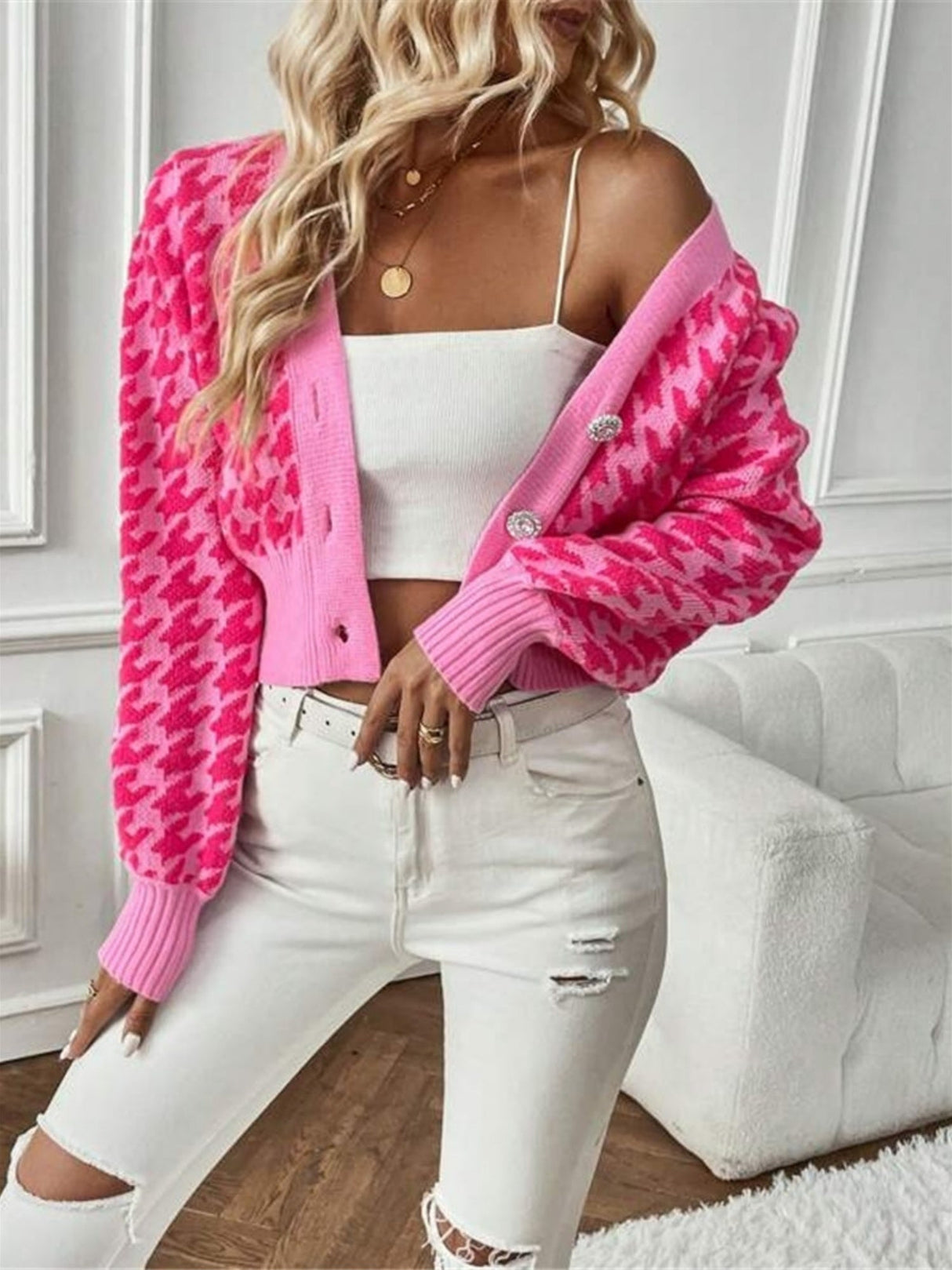 Houndstooth Balloon Sleeve Knitted Cardigan Sweater