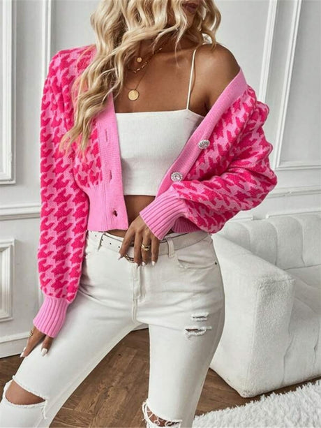 Houndstooth Balloon Sleeve Knitted Cardigan Sweater