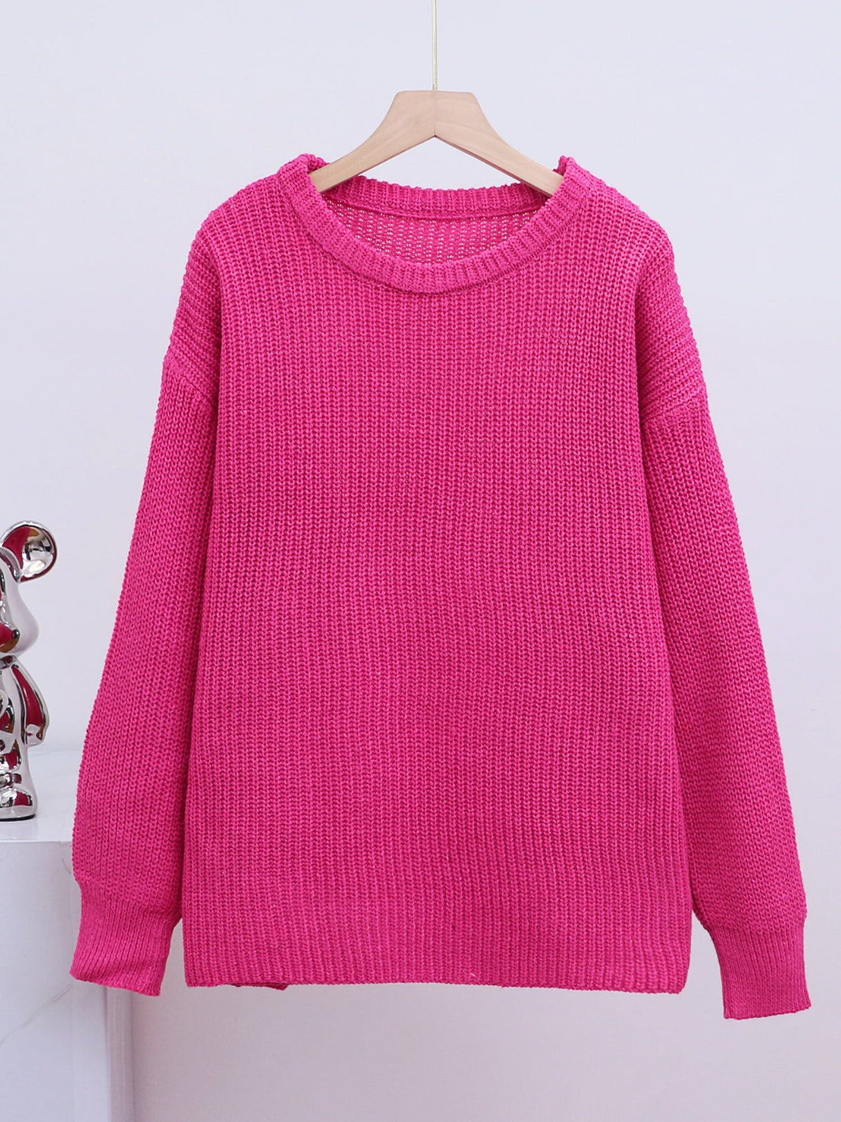 Liber Crew Neck Loose Solid Color Knitted Sweater