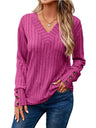 Long Sleeve V Collar Buttons Solid Color T-shirts