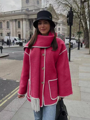 Wool Coat With Scarf And Tassels, Warm And Thick For Autumn And Winter.