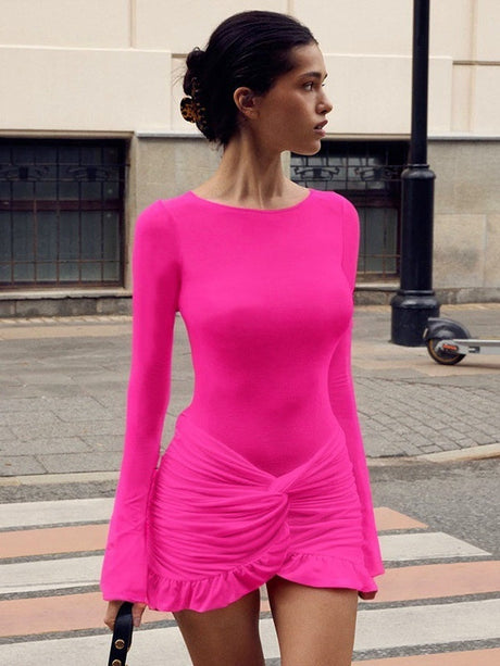 Liber Spring Women's Pleated Solid Color Mini&Short Dresses