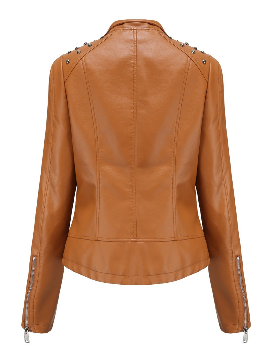 Cropped Zipper Pu Beading Jackets