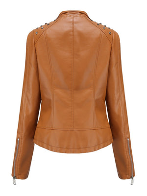 Cropped Zipper Pu Beading Jackets