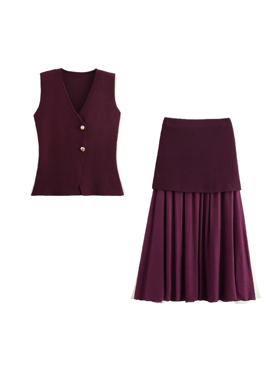 V-neck With Gold Buttons Vest Pleated Skirt 2-piece Sets
