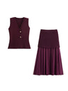 V-neck With Gold Buttons Vest Pleated Skirt 2-piece Sets