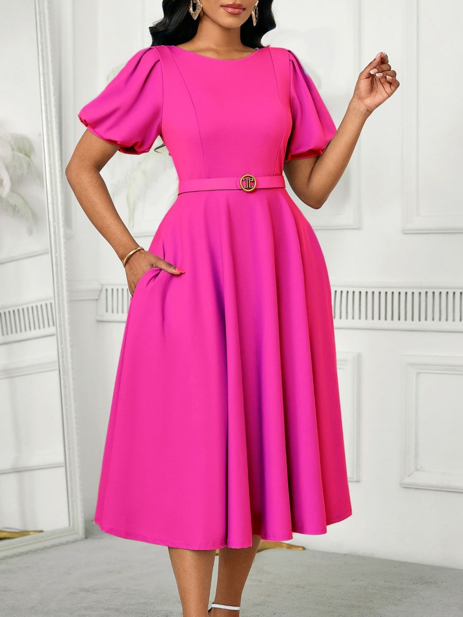 Puff Sleeve High Waist Crew Neck Large Skirt Commuting Leisure Midi Dresses