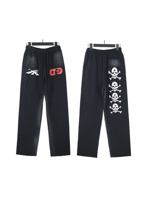 Washing Water Old Printed Hooded Sweatshirt Trousers Set