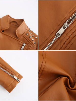 Cropped Zipper Pu Beading Jackets