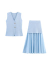 V-neck With Gold Buttons Vest Pleated Skirt 2-piece Sets
