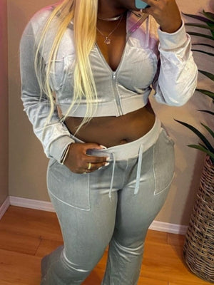 Velvet Splicing Sexy Long-sleeved Casual Navel-baring Top 2-piece Sets