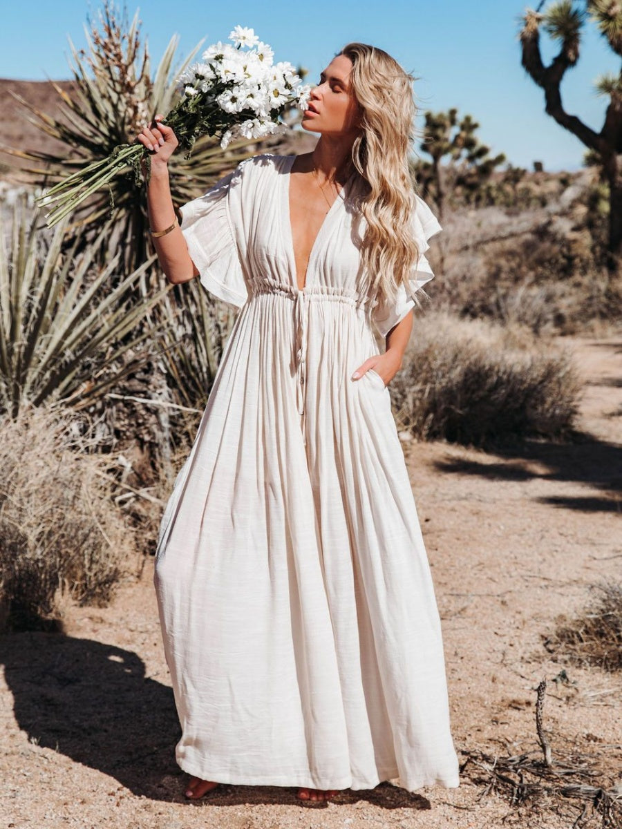 Bamboo-joint Fabric Button Waist Rope Long Cardigan Vacation Beach Jacket Sun Protection Long Skirt Bikini Cover-up