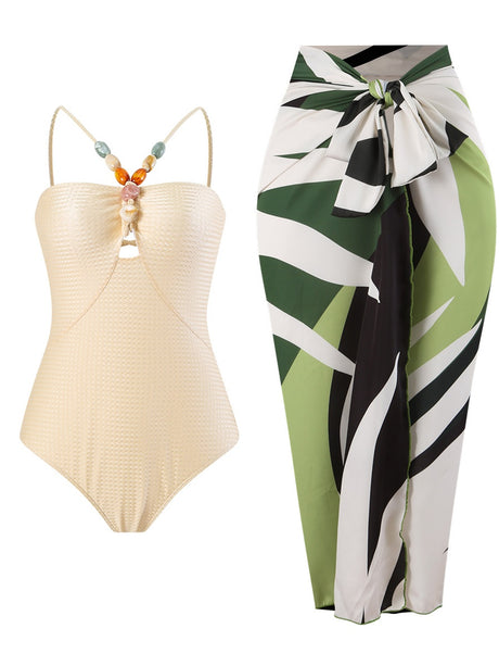 One-piece Swimsuit With Multi-colored Hollowed-out Gemstone Halter Straps, French Style.