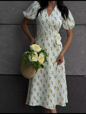 Pure Cotton Bandage Wrap-up Puff Sleeve Printed Comfort Maxi Dresses