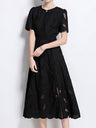 Retro Heavy-duty Hollowed-out Embroidered Round Neck Waist-cinching Short-sleeved Dress
