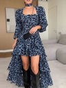 Gathering Floral Print Irregular Hem Temperament Maxi Dresses