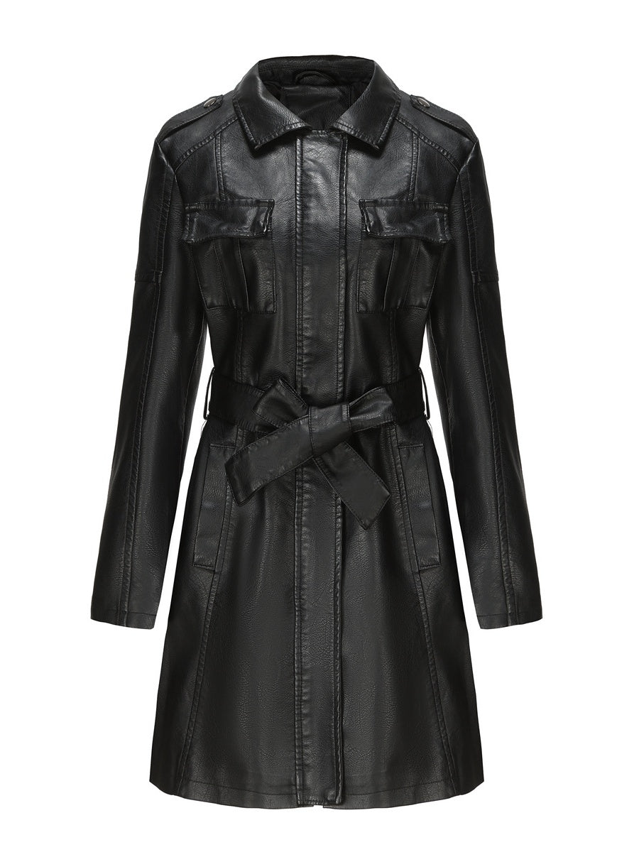 Mid-length Pu Pocket Trench Coats
