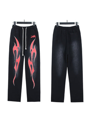 Washing Water Old Printed Hooded Sweatshirt Trousers Set