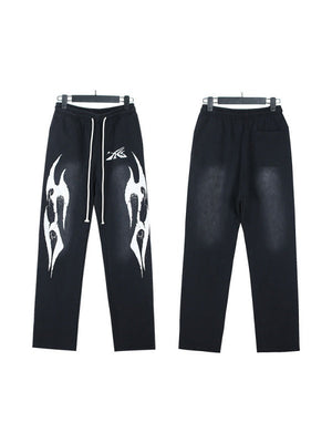 Washing Water Old Printed Zipper Hood Sweatshirt Trousers Set