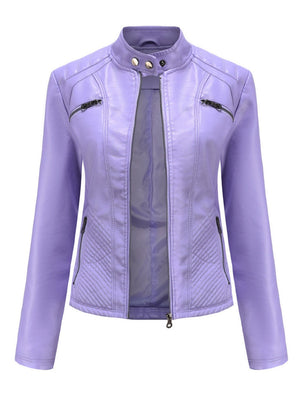 Three-dimensional Decoration Stand Collar Slim Fit Leather Jacket