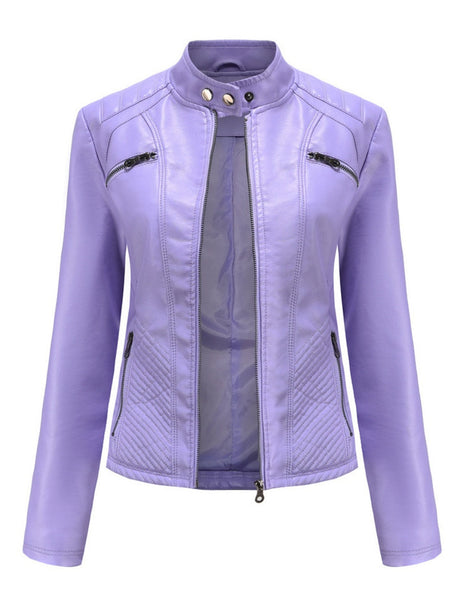 Three-dimensional Decoration Stand Collar Slim Fit Leather Jacket