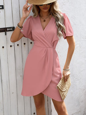 V-neck Pleated Cross Commuting Mini&Short Dresses