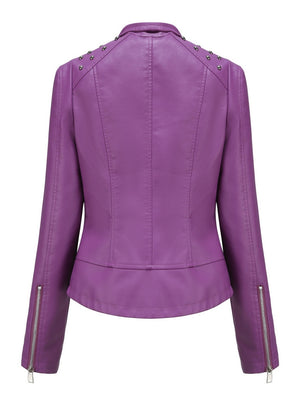 Cropped Zipper Pu Beading Jackets