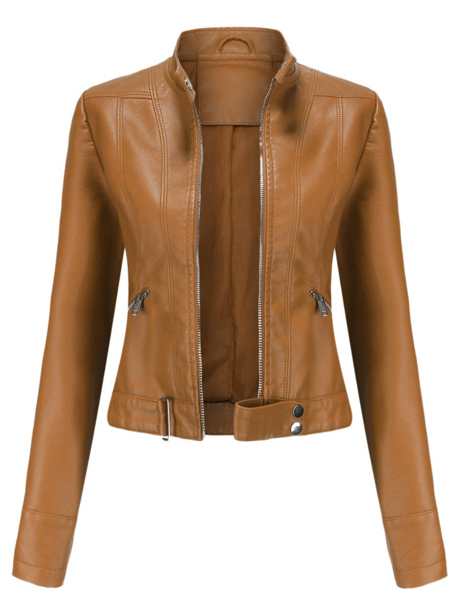 Three-dimensional Decoration Short Stand Collar Zippered Leather Jacket