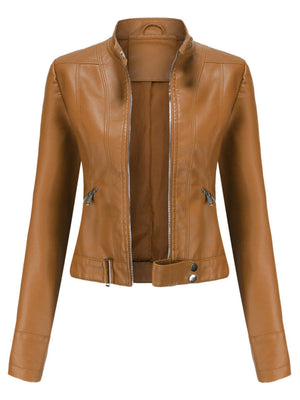 Three-dimensional Decoration Short Stand Collar Zippered Leather Jacket