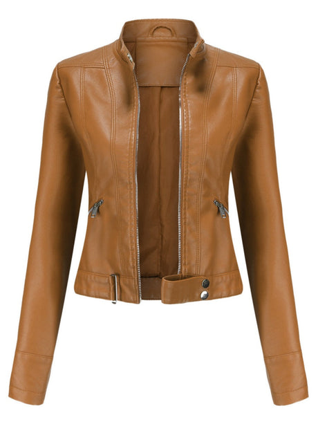 Three-dimensional Decoration Short Stand Collar Zippered Leather Jacket