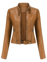 Three-dimensional Decoration Short Stand Collar Zippered Leather Jacket