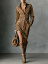 Suede Long Sleeve Lapel Single-breasted With Belt Midi Dresses